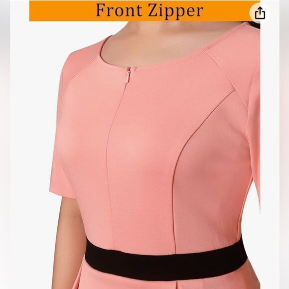 VFSHOW Zipper Front Color Block Peplum Flared Midi Dress for Work Business - Picture 3 of 14